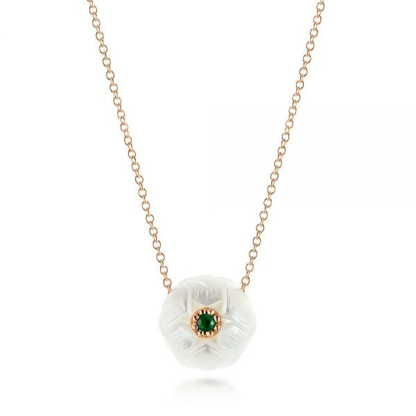 18k Rose Gold 18k Rose Gold Lotus Fresh Water Carved Pearl And Emerald Pendant - Three-Quarter View -  103244