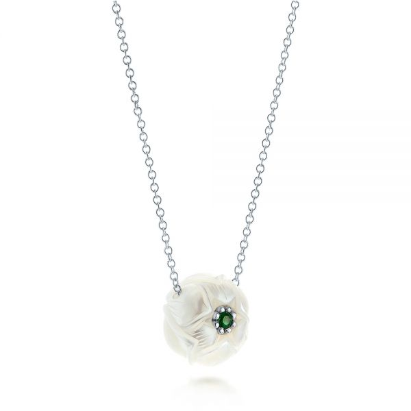 14k White Gold 14k White Gold Lotus Fresh Water Carved Pearl And Emerald Pendant - Flat View -  103244