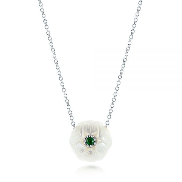 18k White Gold 18k White Gold Lotus Fresh Water Carved Pearl And Emerald Pendant - Three-Quarter View -  103244