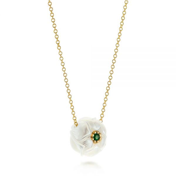 14k Yellow Gold Lotus Fresh Water Carved Pearl And Emerald Pendant - Flat View -  103244