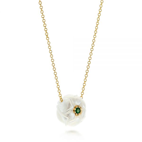 14k Yellow Gold Lotus Fresh Water Carved Pearl And Emerald Pendant - Flat View - 103244