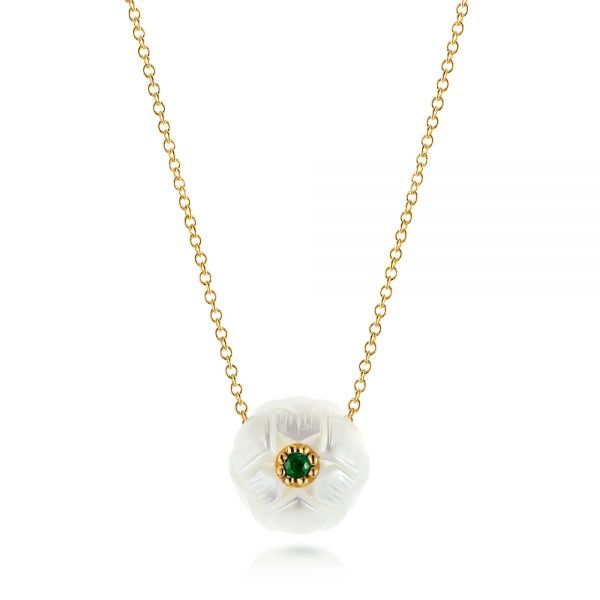 14k Yellow Gold Lotus Fresh Water Carved Pearl And Emerald Pendant - Three-Quarter View -  103244