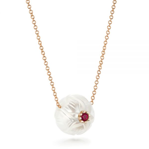 18k Rose Gold 18k Rose Gold Lotus Fresh Water Carved Pearl And Ruby Pendant - Flat View -  102591
