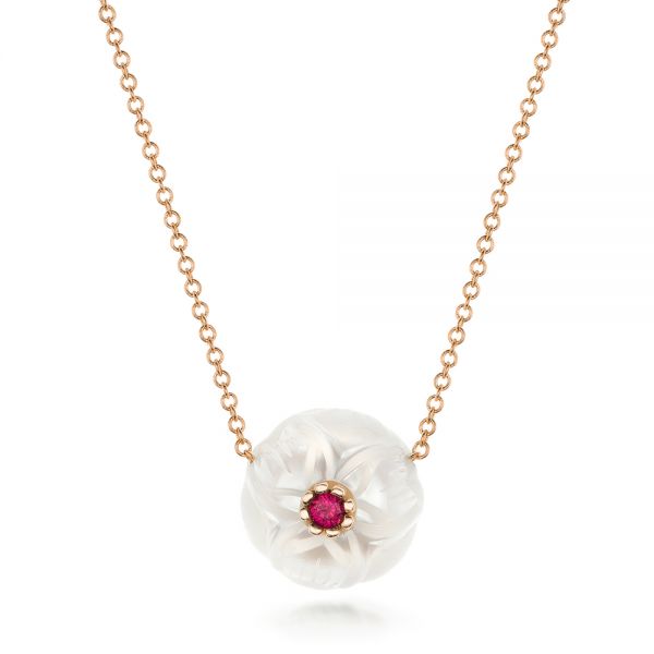 14k Rose Gold 14k Rose Gold Lotus Fresh Water Carved Pearl And Ruby Pendant - Three-Quarter View -  102591