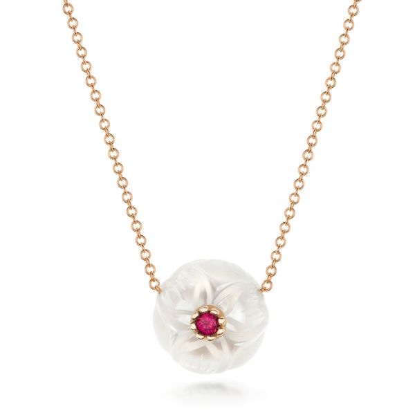 14k Rose Gold 14k Rose Gold Lotus Fresh Water Carved Pearl And Ruby Pendant - Three-Quarter View - 102591