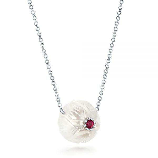 14k White Gold 14k White Gold Lotus Fresh Water Carved Pearl And Ruby Pendant - Flat View -  102591