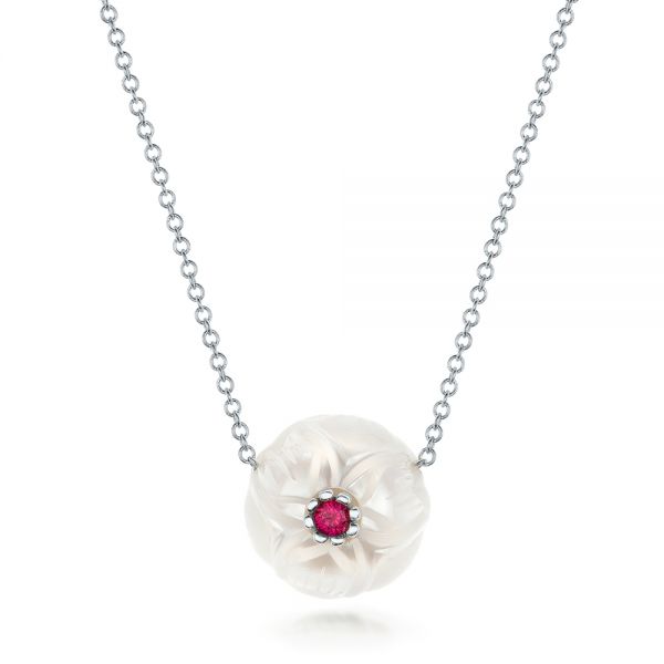 18k White Gold 18k White Gold Lotus Fresh Water Carved Pearl And Ruby Pendant - Three-Quarter View -  102591