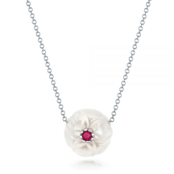  Platinum Platinum Lotus Fresh Water Carved Pearl And Ruby Pendant - Three-Quarter View -  102591