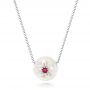 14k White Gold Lotus Fresh Water Carved Pearl And Ruby Pendant