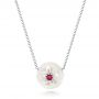 18k White Gold Lotus Fresh Water Carved Pearl And Ruby Pendant