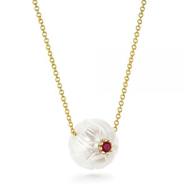 14k Yellow Gold Lotus Fresh Water Carved Pearl And Ruby Pendant - Flat View - 102591