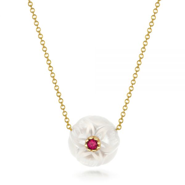 18k Yellow Gold 18k Yellow Gold Lotus Fresh Water Carved Pearl And Ruby Pendant - Three-Quarter View -  102591