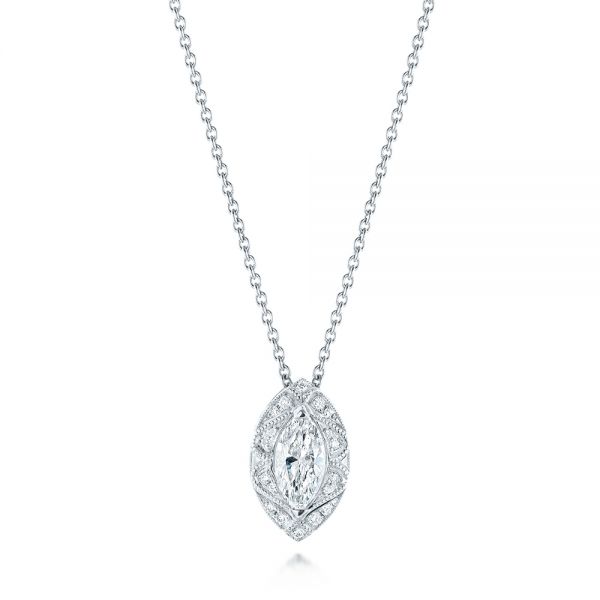 18k White Gold Marquise Diamond Halo Pendant - Three-Quarter View -  103292