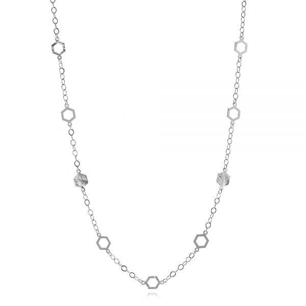 18k White Gold 18k White Gold Mix Hexagon Station Double Curb Necklace - Three-Quarter View -  107019
