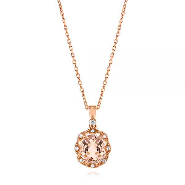 18k Rose Gold 18k Rose Gold Morganite And Diamond Floral Halo Pendant - Three-Quarter View -  106002