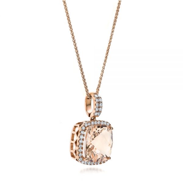 14k Rose Gold Morganite And Diamond Halo Pendant - Flat View -  101016