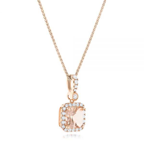 14k Rose Gold Morganite And Diamond Halo Pendant - Flat View -  102508