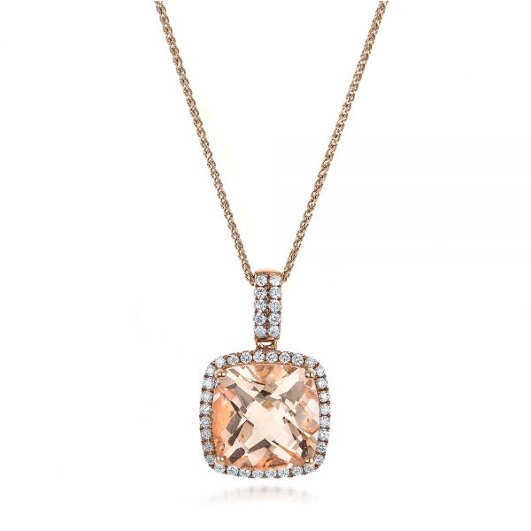 18k Rose Gold 18k Rose Gold Morganite And Diamond Halo Pendant - Three-Quarter View -  101016