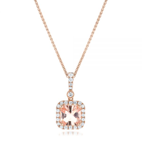 14k Rose Gold Morganite And Diamond Halo Pendant - Three-Quarter View -  102508