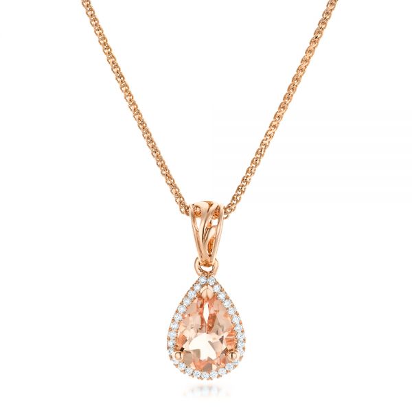 14k Rose Gold Morganite And Diamond Halo Pendant - Three-Quarter View - 102529