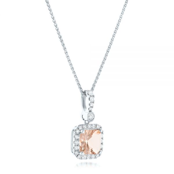 18k White Gold 18k White Gold Morganite And Diamond Halo Pendant - Flat View -  102508