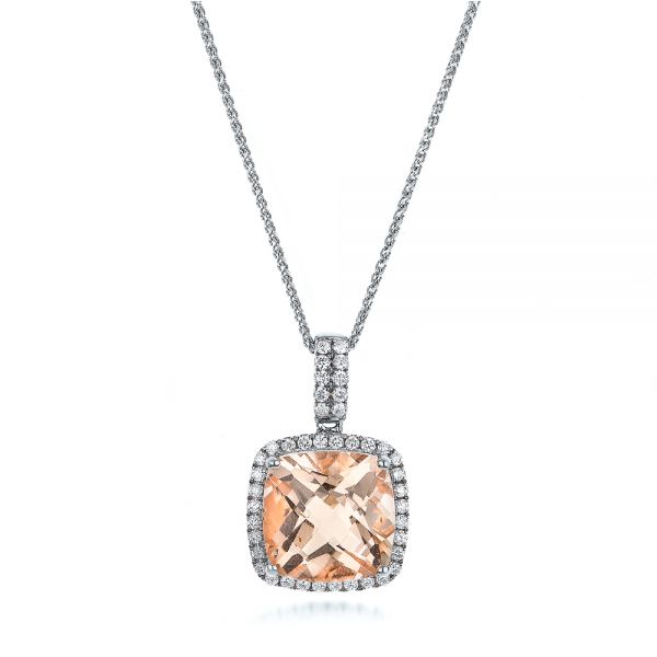  Platinum Platinum Morganite And Diamond Halo Pendant - Three-Quarter View -  101016