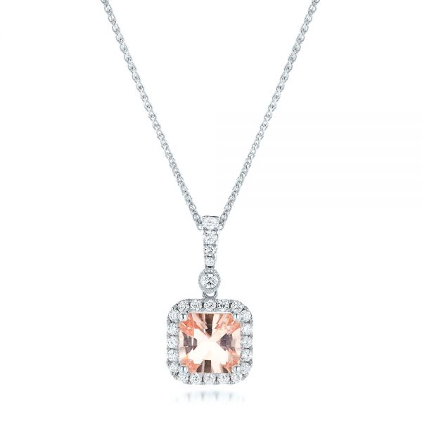 18k White Gold 18k White Gold Morganite And Diamond Halo Pendant - Three-Quarter View -  102508