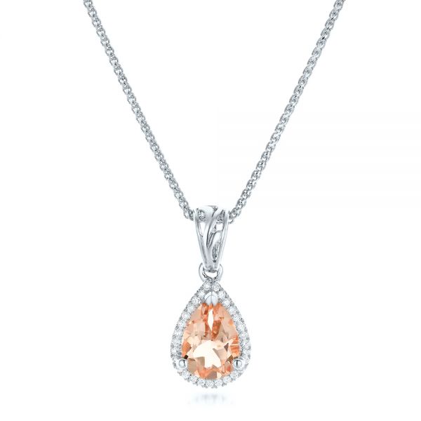 14k White Gold 14k White Gold Morganite And Diamond Halo Pendant - Three-Quarter View -  102529