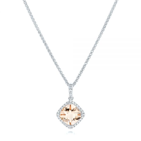 14k White Gold 14k White Gold Morganite And Diamond Halo Pendant - Three-Quarter View - 102639