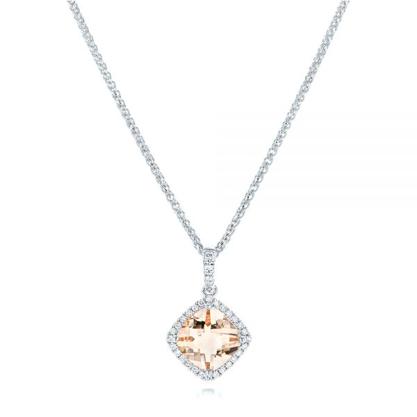  Platinum Platinum Morganite And Diamond Halo Pendant - Three-Quarter View -  102639