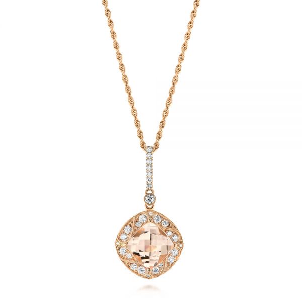 18k Rose Gold Morganite And Diamond Pendant - Three-Quarter View -  103751