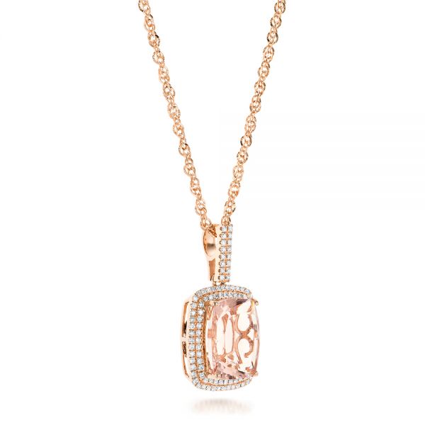 14k Rose Gold Morganite And Double Diamond Halo Pendant - Flat View -  101778