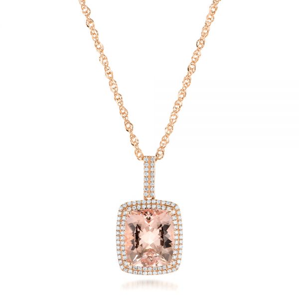 14k Rose Gold Morganite And Double Diamond Halo Pendant - Three-Quarter View -  101778