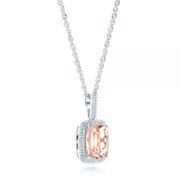 18k White Gold 18k White Gold Morganite And Double Diamond Halo Pendant - Flat View -  101778