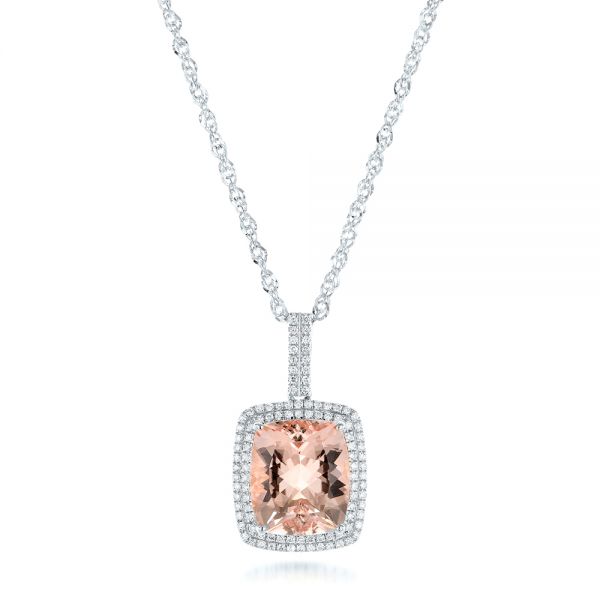 14k White Gold 14k White Gold Morganite And Double Diamond Halo Pendant - Three-Quarter View -  101778