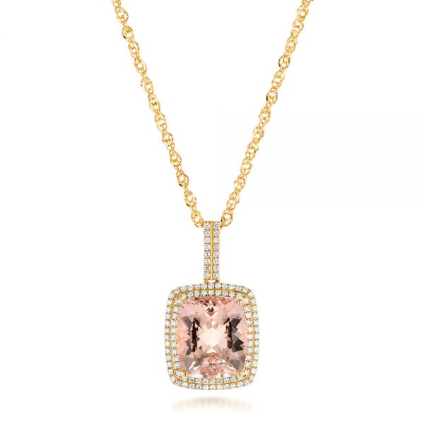 18k Yellow Gold 18k Yellow Gold Morganite And Double Diamond Halo Pendant - Three-Quarter View -  101778