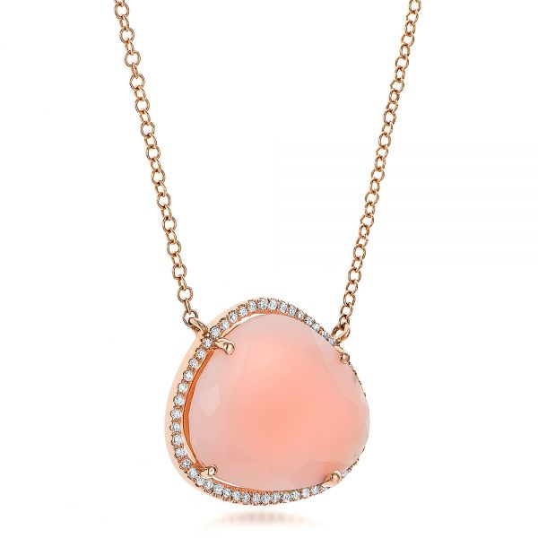 14k Rose Gold Natural Pink Opal And Diamond Halo Necklace - Flat View -  100831