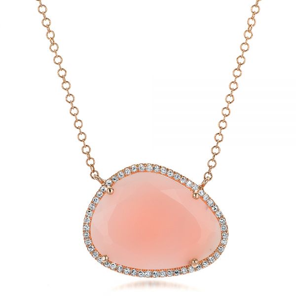 18k Rose Gold 18k Rose Gold Natural Pink Opal And Diamond Halo Necklace - Three-Quarter View -  100831