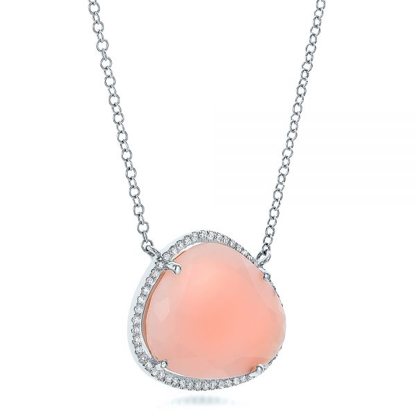 18k White Gold 18k White Gold Natural Pink Opal And Diamond Halo Necklace - Flat View -  100831