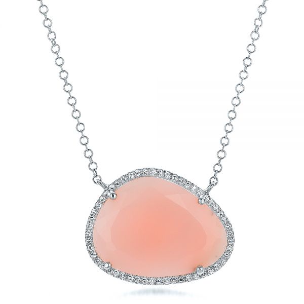 14k White Gold 14k White Gold Natural Pink Opal And Diamond Halo Necklace - Three-Quarter View -  100831