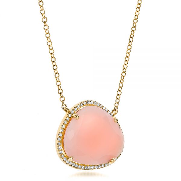 18k Yellow Gold 18k Yellow Gold Natural Pink Opal And Diamond Halo Necklace - Flat View -  100831