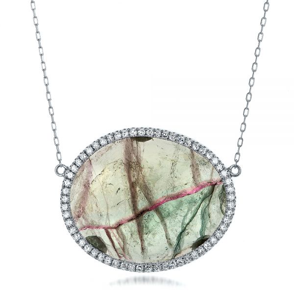 Natural Tourmaline Slice and Diamond Halo Necklace - Image