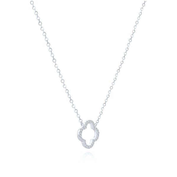 14k White Gold Open Clover Diamond Necklace - Flat View -  107764