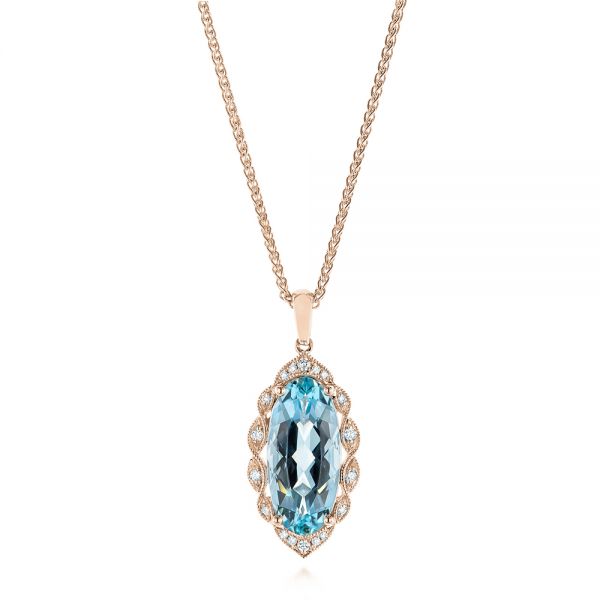 18k Rose Gold 18k Rose Gold Oval Aquamarine And Diamond Pendant - Three-Quarter View -  105005