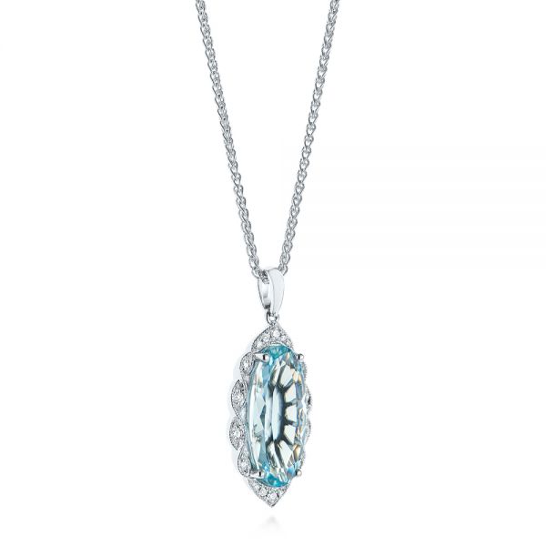 White Gold Oval Aquamarine And Diamond Pendant - Flat View - 105005