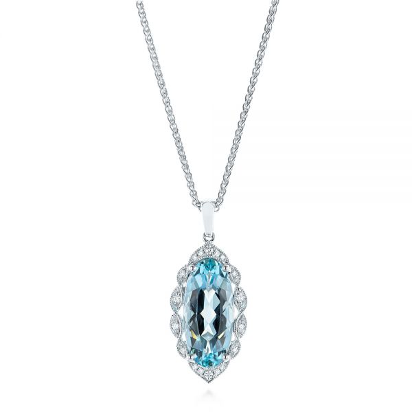  White Gold Oval Aquamarine And Diamond Pendant - Three-Quarter View -  105005