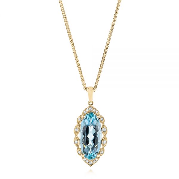 18k Yellow Gold 18k Yellow Gold Oval Aquamarine And Diamond Pendant - Three-Quarter View -  105005