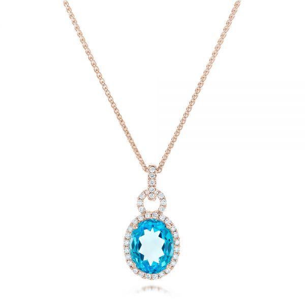 14k Rose Gold 14k Rose Gold Oval Blue Topaz And Diamond Halo Pendant - Three-Quarter View -  102612