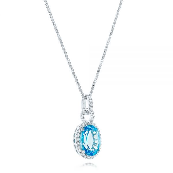 14k White Gold Oval Blue Topaz And Diamond Halo Pendant - Flat View - 102612