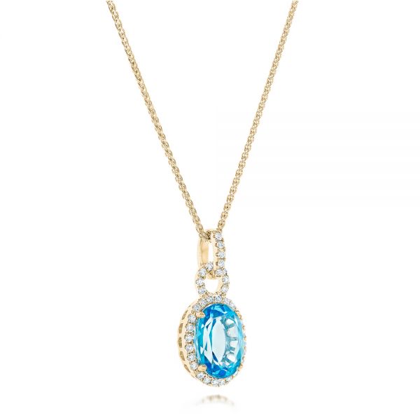 14k Yellow Gold 14k Yellow Gold Oval Blue Topaz And Diamond Halo Pendant - Flat View -  102612